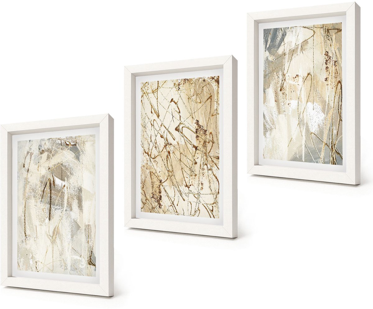 Coloray 3-Delige Schilderij Set - Abstracte patronen in beige en grijze tinten. - 20x30 - Muurdecoratie - Wanddecoratie - Hal - Interieur Decoratie