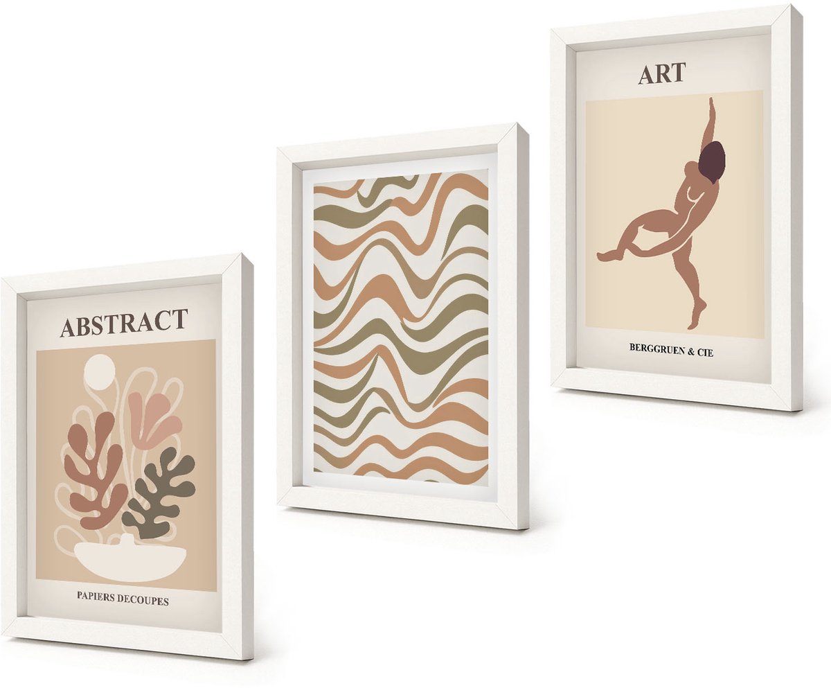Coloray 3-Delige Schilderij Set - Matisse Boho Abstracte Vormen en Patronen - 20x30 - Decoratieve Muurdecoratie - Slaapkamer - Stijlvolle Muurdecoratie