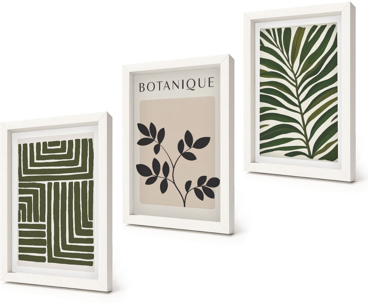 Coloray 3-Delige Schilderij Set - Botanische composities in boho-minimalistische stijl - 20x30 - Muurdecoratie - Schilderijen Set - Woonkamer - Moderne Wanddecoratie
