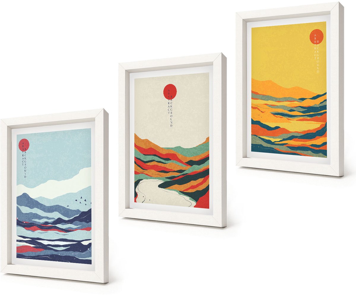 Coloray 3-Delige Schilderij Set - Kleurrijke abstracte berg- en rivierlandschappen - 20x30 - Stijlvolle Muurdecoratie - Kantoor