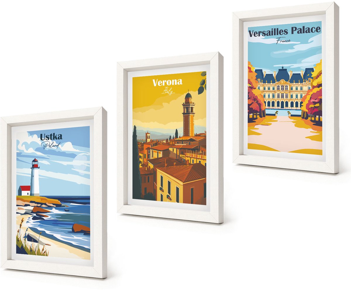 Coloray 3-Delige Schilderij Set - Uitzichten op beroemde plekken aan zee en in steden - 20x30 - Wanddecoratie - Woonkamer Decoratie - Stijlvolle Muurdecoratie