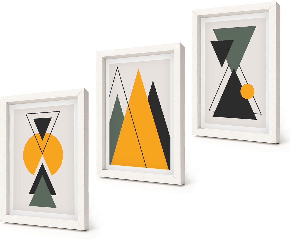 Coloray 3-Delige Schilderij Set - Abstracte geometrische vormen - 20x30 - Muurdecoratie - Schilderijen Set - Woonkamer - Decoratieve Schilderijen