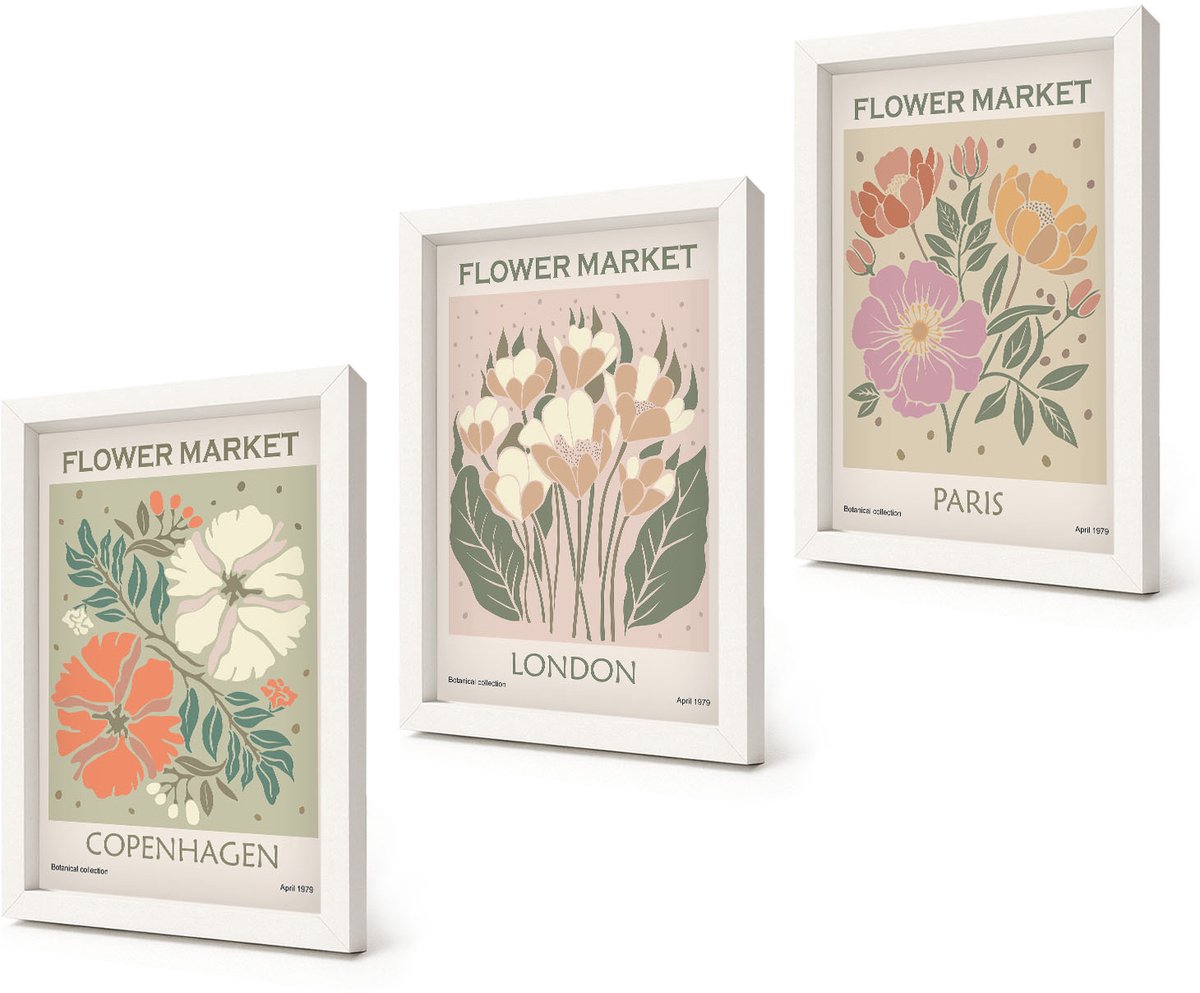 Coloray 3-Delige Schilderij Set - Bloemenposters Kopenhagen Londen Parijs - 20x30 - Muurdecoratie - Interieur Decoratie