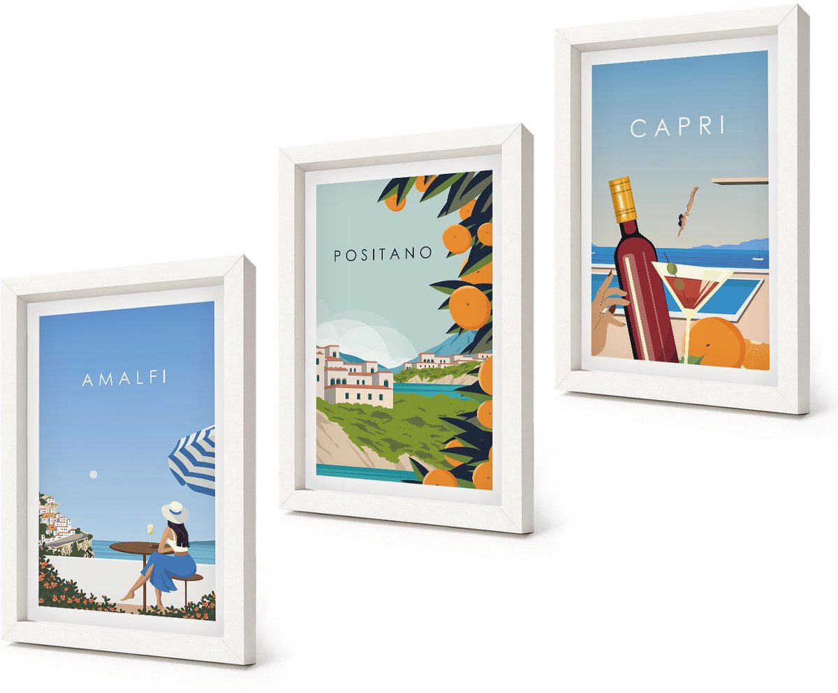 Coloray 3-Delige Schilderij Set - Vakantiegezichten Amalfi Positano en Capri - 20x30 - Wanddecoratie - Moderne Interieurdecoratie - Woonkamer Decoratie