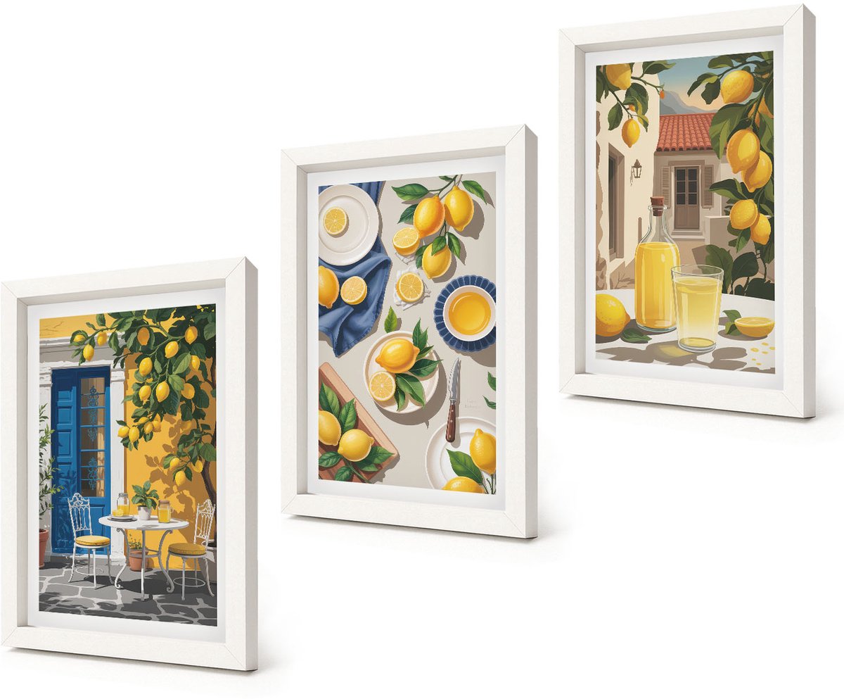Coloray 3-Delige Schilderij Set - Citroentuin met citroenen en drankjes op tafel. - 20x30 - Wanddecoratie - Woonkamer Decoratie - Moderne Wanddecoratie