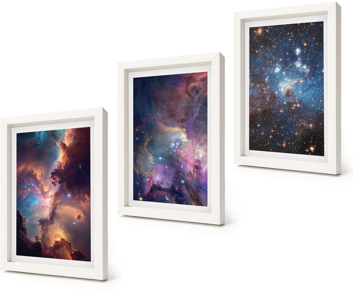 Coloray 3-Delige Schilderij Set - Ruimtelandschappen met sterren en nevels - 20x30 - Moderne Wanddecoratie - Woonkamer - Stijlvolle Muurdecoratie