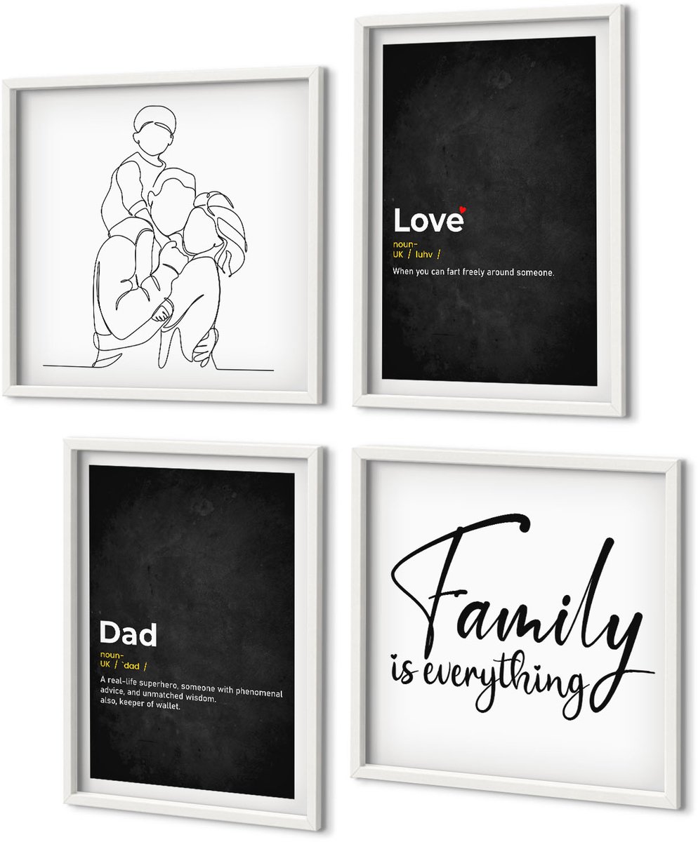 Coloray 4-Delige Schilderij Set - Familielijnkunst Met Definities Van Liefde En Vaderschap. - 40 x 40 En 40 x 60 - Stijlvolle Muurdecoratie - Kantoor - Woonkamer Decoratie