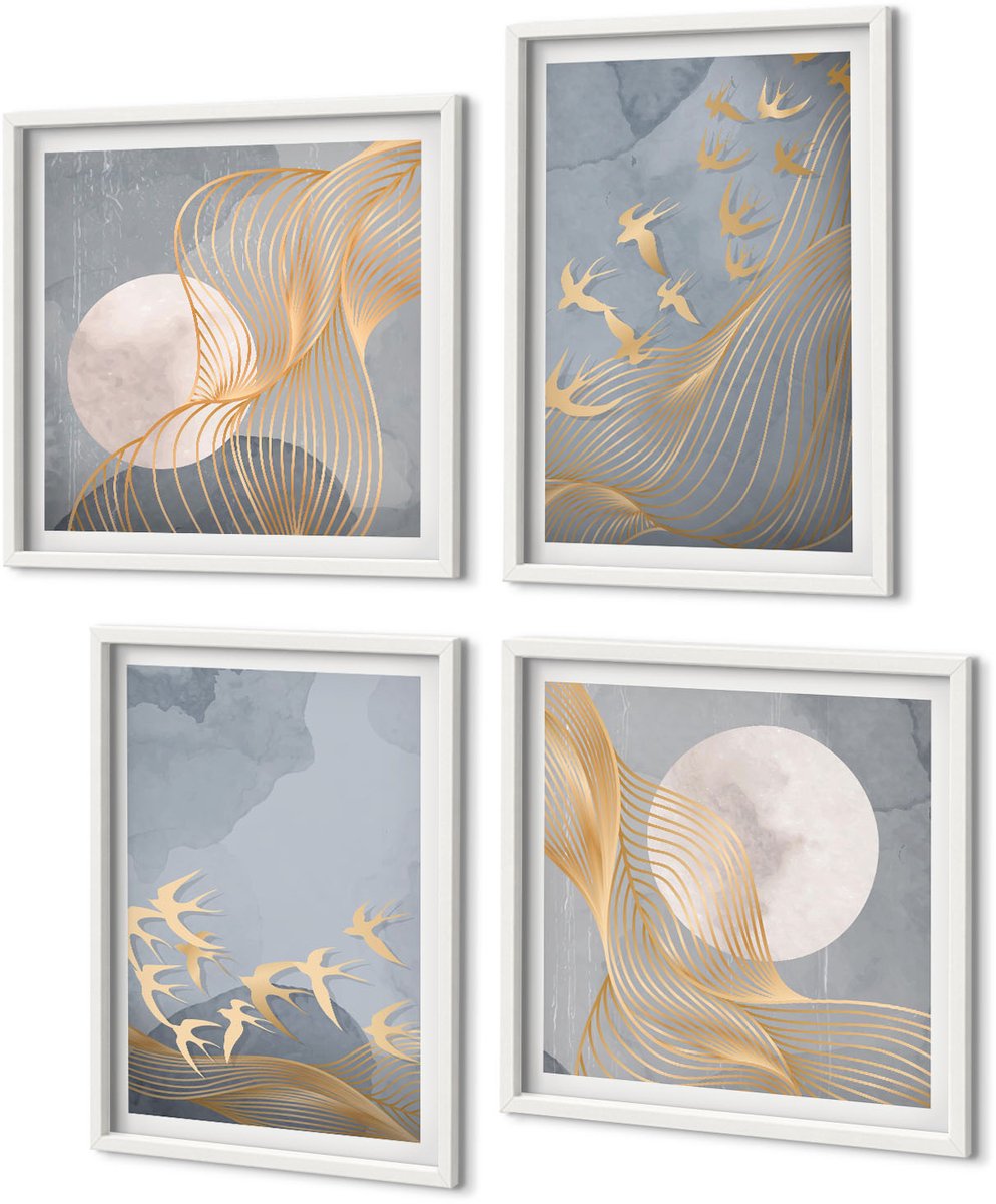 Coloray 4-Delige Schilderij Set - Vogels In Vlucht Tegen De Hemel En De Maan. - 40 x 40 En 40 x 60 - Wanddecoratie - Muurdecoratie - Woonkamer