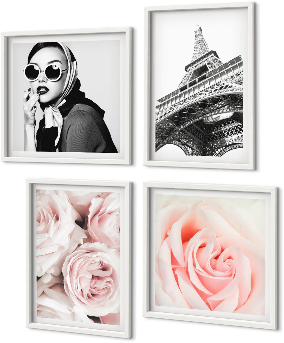 Coloray 4-Delige Schilderij Set - Rozen, Modeportret Van Een Vrouw, Eiffeltoren In Parijs - 40 x 40 En 40 x 60 - Muurdecoratie - Schilderijen Set - Woonkamer - Interieur Decoratie