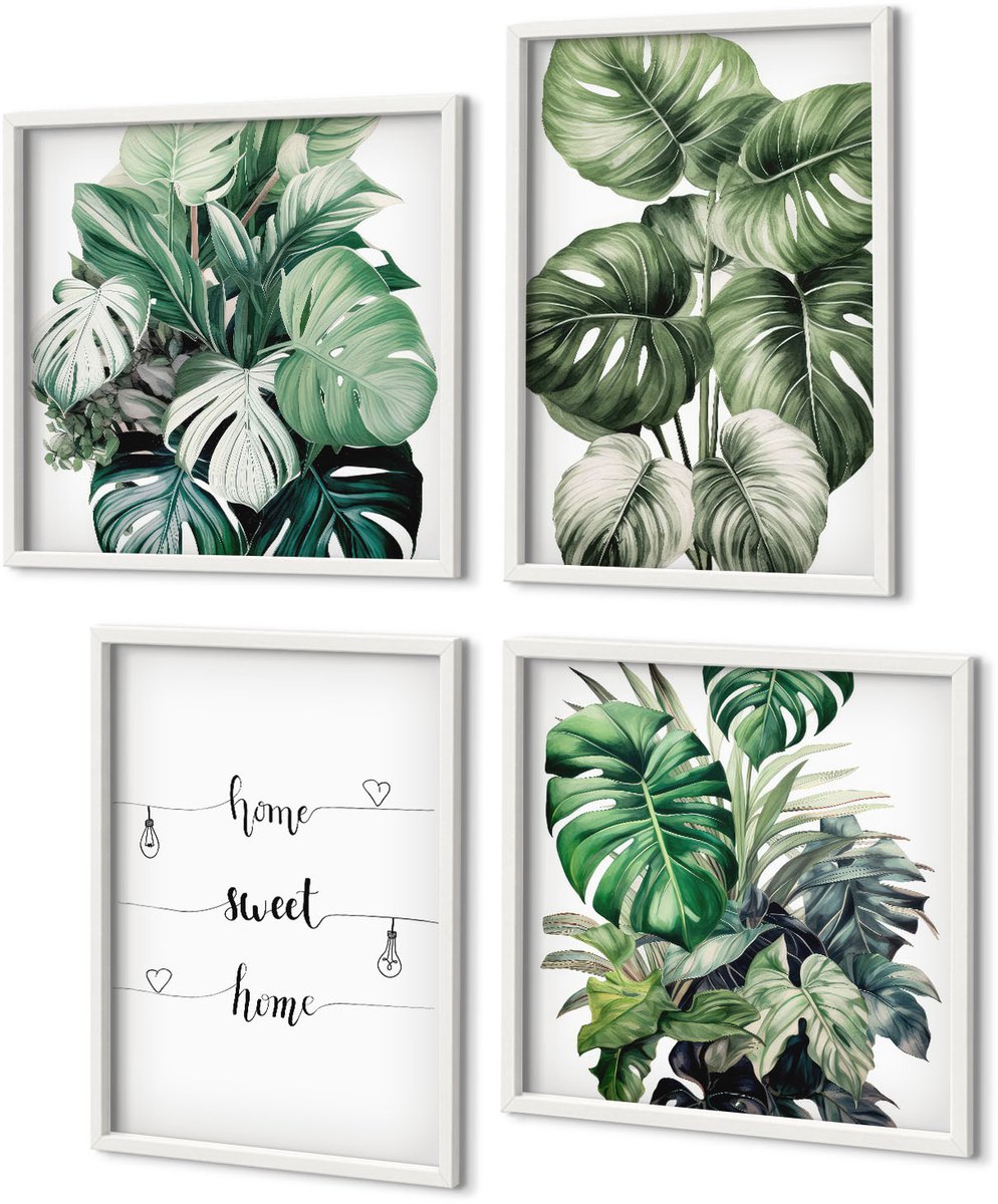 Coloray 4-Delige Schilderij Set - Aquarel Monstera Verlaat Het Fijne Thuis - 40 x 40 En 40 x 60 - Muurdecoratie - Wanddecoratie - Slaapkamer - Decoratieve Schilderijen