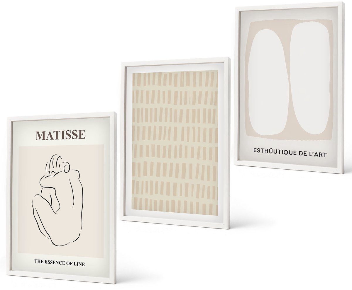 Coloray 3-Delige Schilderij Set - Lijnen En Vormen In Beige En Witte Tinten. - 40 x 60 - Wanddecoratie - Muurdecoratie - Moderne Interieurdecoratie