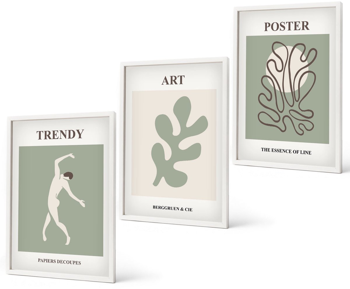 Coloray 3-Delige Schilderij Set - Abstracte Figuren En Plantmotieven In Ingetogen Kleuren. - 40 x 60 - Muurdecoratie - Wanddecoratie - Hal - Interieur Decoratie