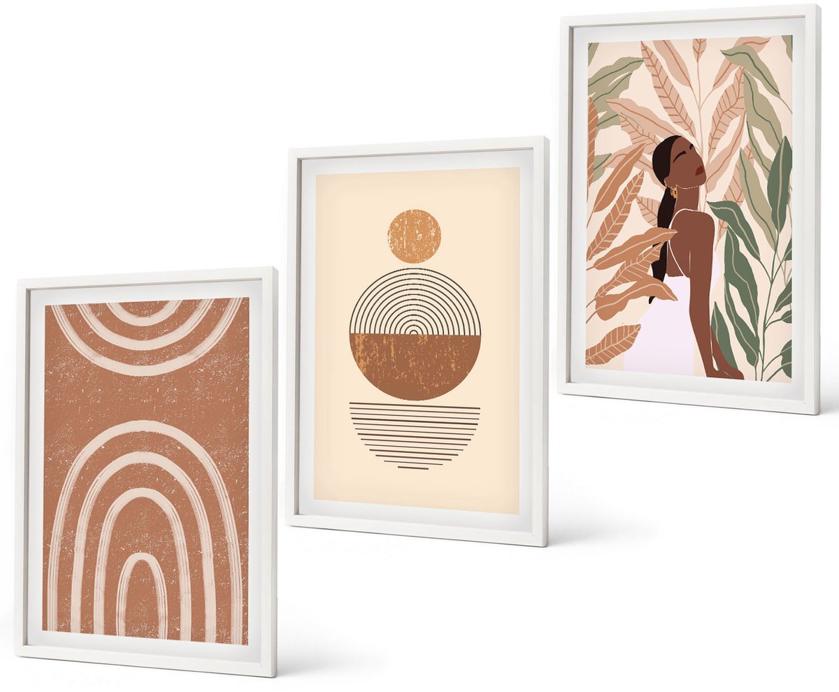 Coloray 3-Delige Schilderij Set - Stijlvolle Patronen Met Plantmotieven En Geometrische Vormen. - 40 x 60 - Decoratieve Schilderijen - Woonkamer - Interieur - Wanddecoratie