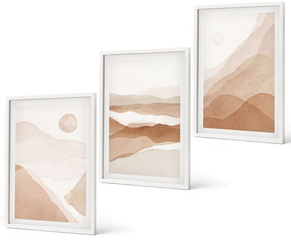 Coloray 3-Delige Schilderij Set - Abstracte Landschappen In Bruine En Beige Tinten. - 40 x 60 - Stijlvolle Wanddecoratie - Interieur - Stijlvolle Muurdecoratie