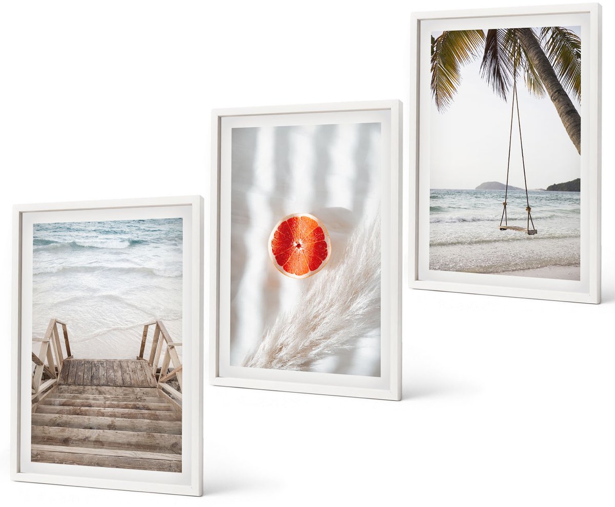Coloray 3-Delige Schilderij Set - Strand Met Houten Trap, Vakantiesfeer - 40 x 60 - Muurdecoratie - Decoratieve Schilderijen - Wohnzimmer