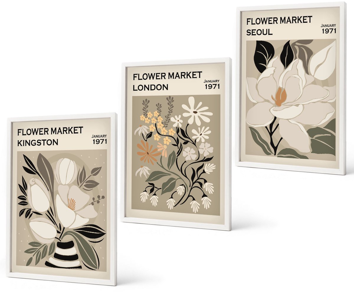 Coloray 3-Delige Schilderij Set - Retro Bloemen Uit Verschillende Steden Over De Hele Wereld - 40 x 60 - Schilderijen Set - Wanddecoratie - Woonkamer - Moderne Wanddecoratie
