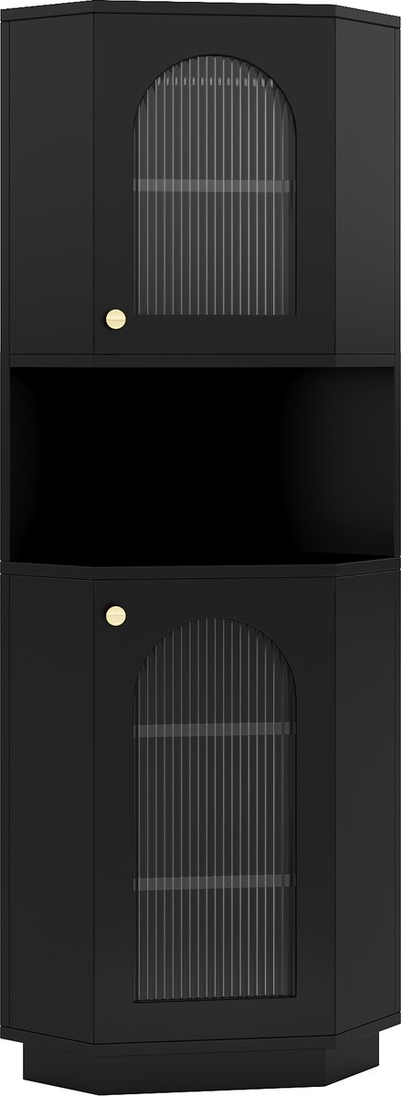 Zwarte Badkamerkast - Hoekkast Badkamer - Met LED Verlichting - Waterbestendig - 2 Vakken - Voor Kleine Badkamer - 45x45x166,5cm - Zwart