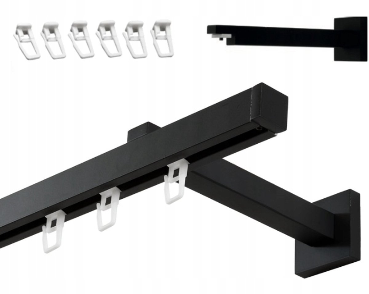 Kwadratieve Gordijnrail Zwart Mat 160 cm met Haken