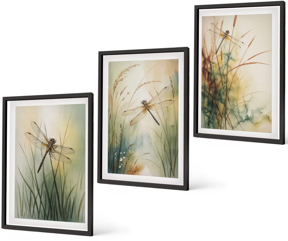 Coloray 3-Delige Schilderij Set - Geschilderd Gras Met Libellen Boven Het Water. - 40 x 60 cm - Wanddecoratie - Schilderijen Set - Interieur
