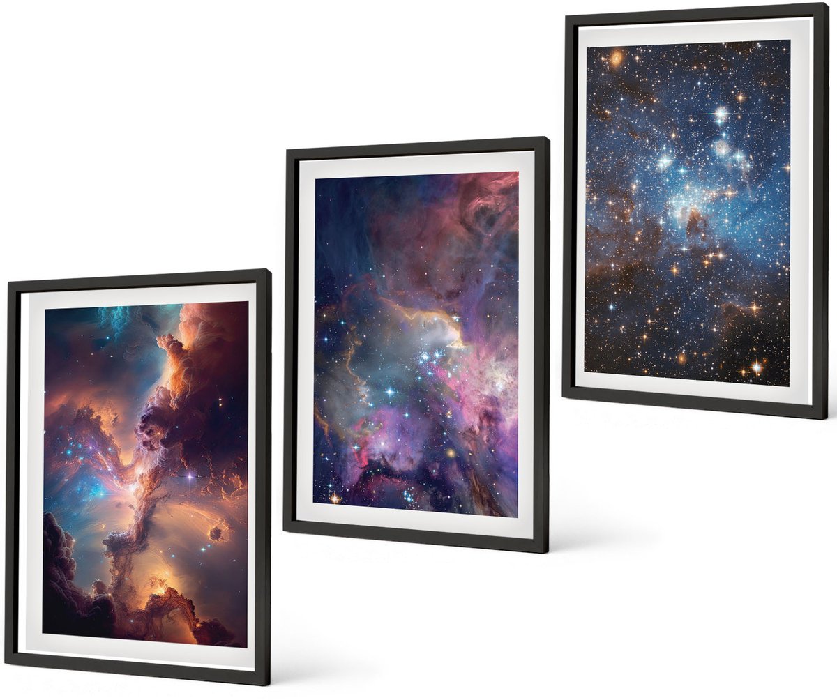 Coloray 3-Delige Schilderij Set - Ruimtelandschappen Met Sterren En Nevels - 40 x 60 cm - Wanddecoratie - Moderne Interieurdecoratie - Interieur Decoratie
