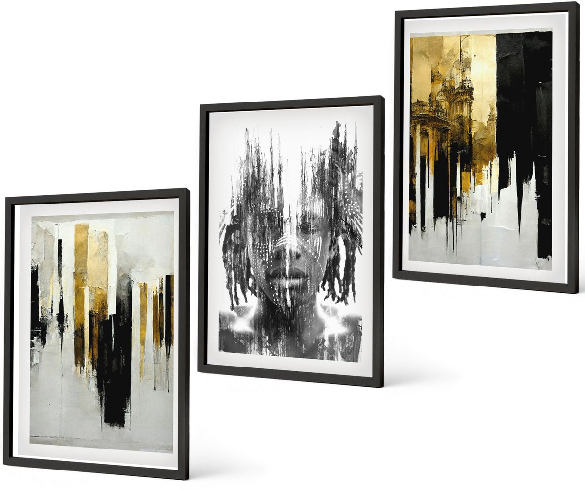 Coloray 3-Delige Schilderij Set - Contrasterende Abstracties Met Portret En Architectuur - 40 x 60 cm - Wanddecoratie - Woonkamer Decoratie - Moderne Wanddecoratie