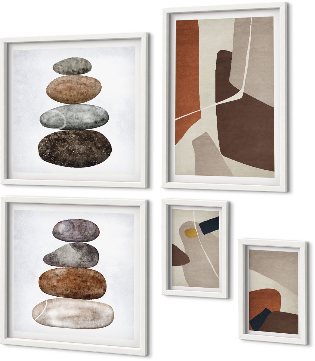 Coloray 5-Delige Schilderij Set - Abstracte Boho-Schildervormen In Moderne Stijl - 50 x 50 cm, 20 x 30 cm En 40 x 60 cm - Muurdecoratie - Schilderijen Set - Woonkamer - Moderne Wanddecoratie