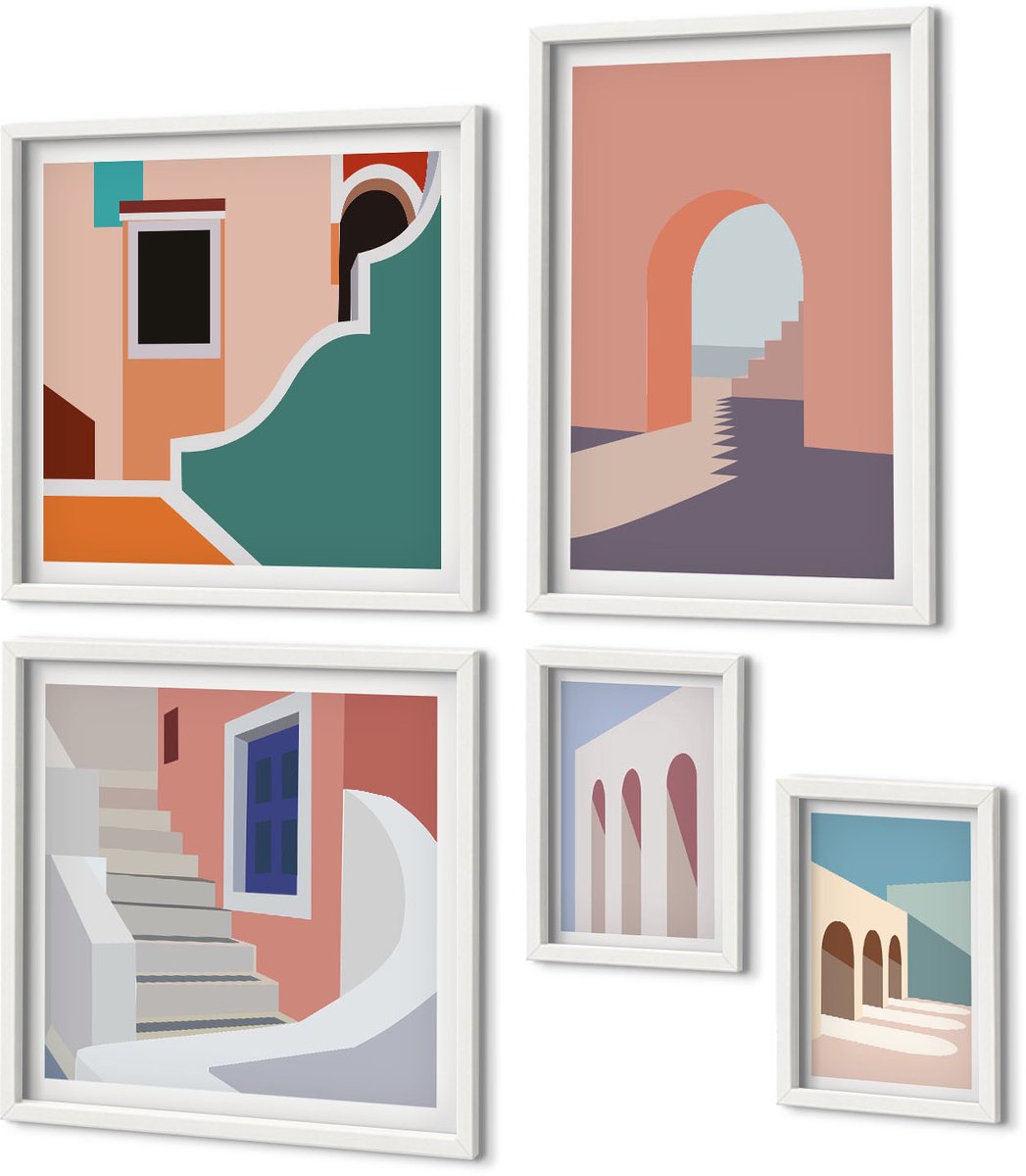 Coloray 5-Delige Schilderij Set - Pastel Minimalistische Stedelijke Architectuurafbeeldingen - 50 x 50 cm, 20 x 30 cm En 40 x 60 cm - Wanddecoratie - Muurdecoratie - Woonkamer