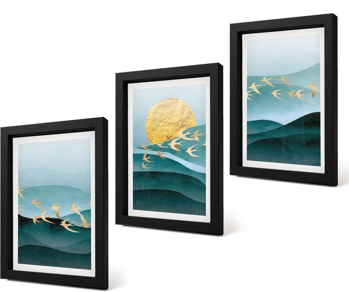 Coloray 4-Delige Schilderij Set - Abstracte landschappen met zonnestralen en vliegende vogels - 20 x 30 cm - Decoratieve Muurdecoratie - Slaapkamer - Stijlvolle Muurdecoratie