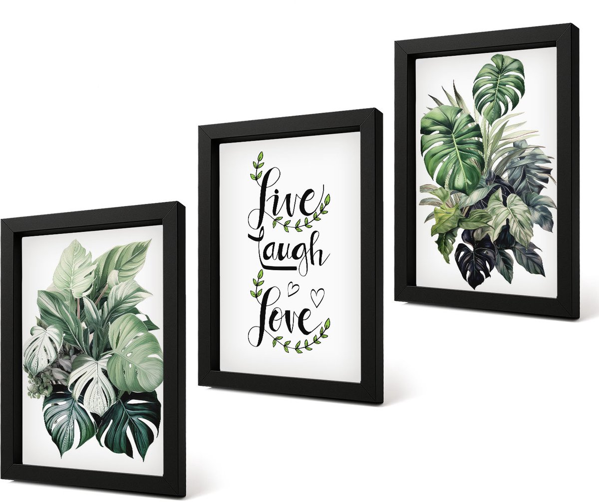 Coloray 4-Delige Schilderij Set - Bladrijke planten met de woorden Leef, Lach, Houd van - 20 x 30 cm - Muurdecoratie - Wanddecoratie - Hal