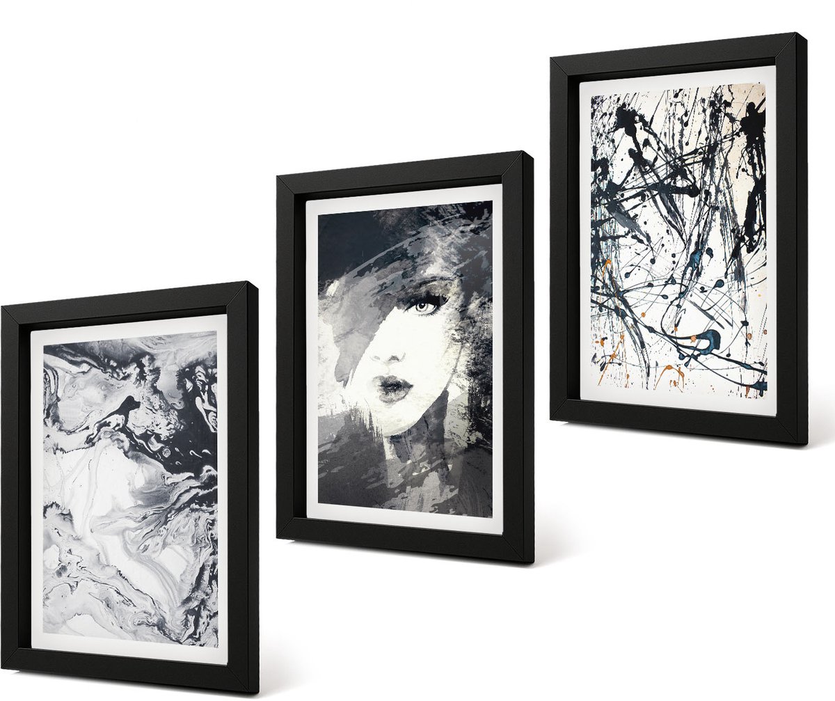 Coloray 4-Delige Schilderij Set - Abstracte patronen in zwart-wit tinten - 20 x 30 cm - Wanddecoratie - Muurdecoratie - Woonkamer