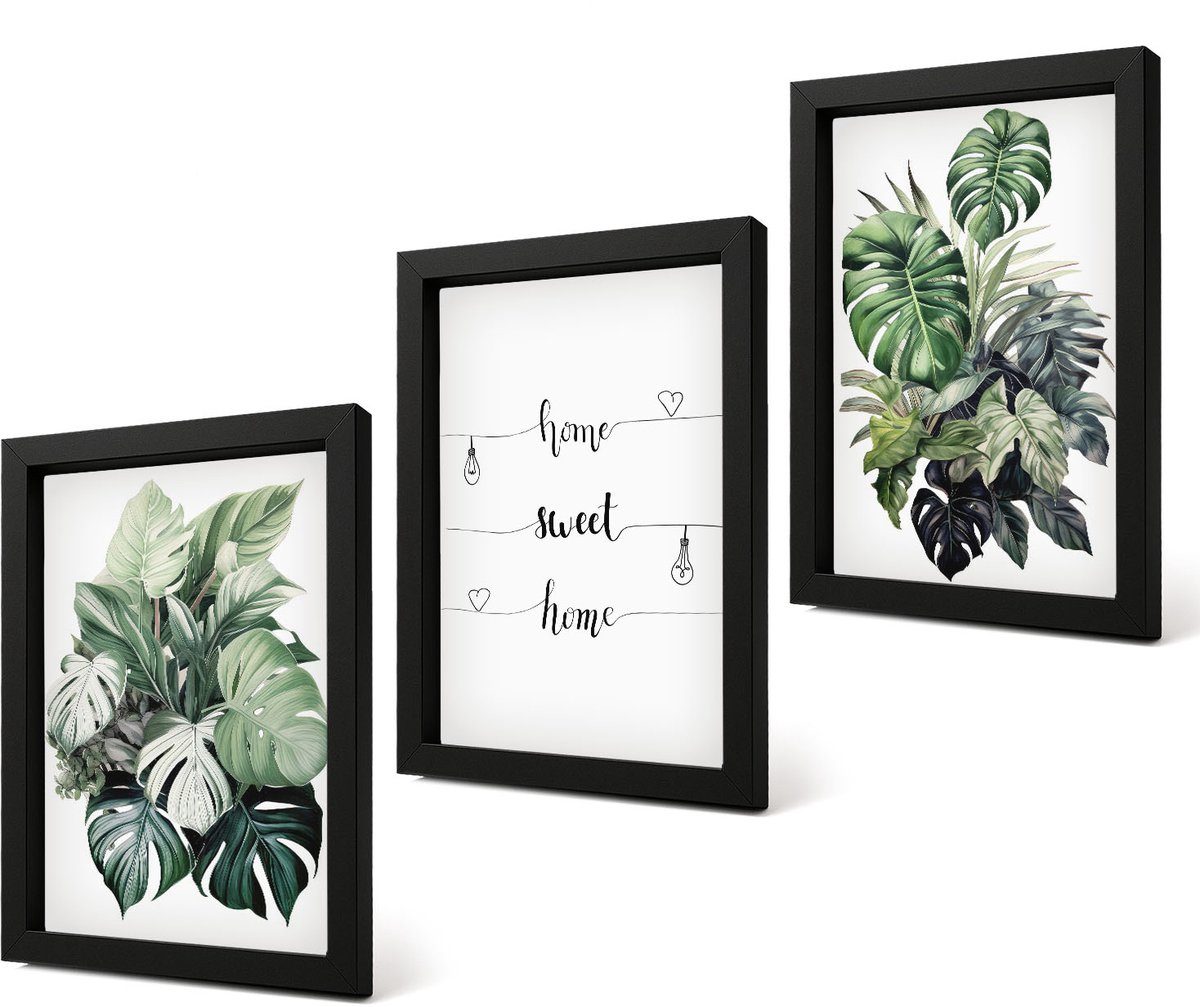Coloray 4-Delige Schilderij Set - Aquarel Monstera verlaat het fijne thuis - 20 x 30 cm - Stijlvolle Wanddecoratie - Interieur - Moderne Wanddecoratie