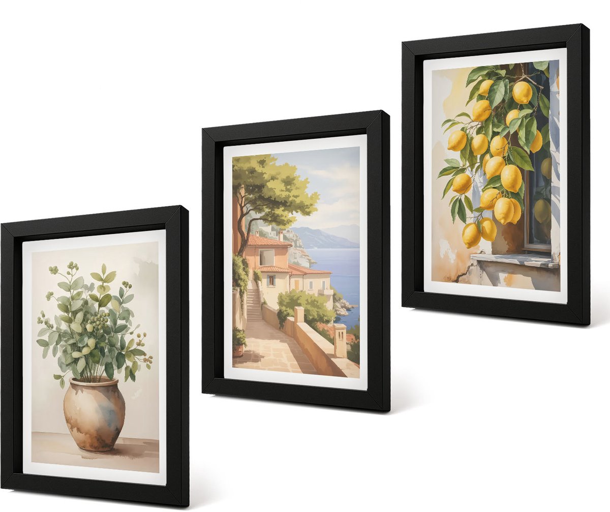 Coloray 4-Delige Schilderij Set - Bloemen in een vaas met uitzicht op zee en citroenen - 20 x 30 cm - Wanddecoratie - Schilderijen Set - Kantoor - Moderne Wanddecoratie
