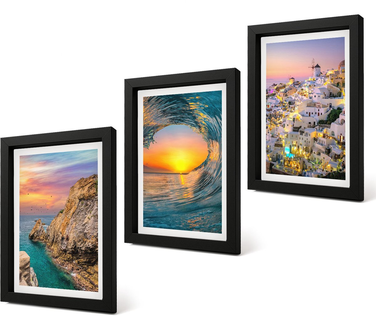 Coloray 4-Delige Schilderij Set - Uitzicht op de zee, de golven en de witte huizen op Santorini, Griekenland - 20 x 30 cm - Moderne Wanddecoratie - Woonkamer - Muurdecoratie