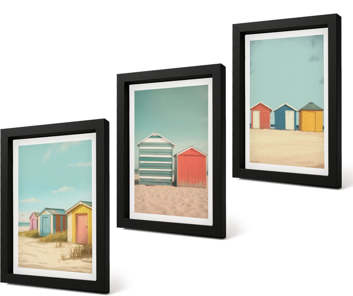 Coloray 4-Delige Schilderij Set - Kleurrijke strandhuisjes in de zomerzon - 20 x 30 cm - Decoratieve Muurdecoratie - Slaapkamer