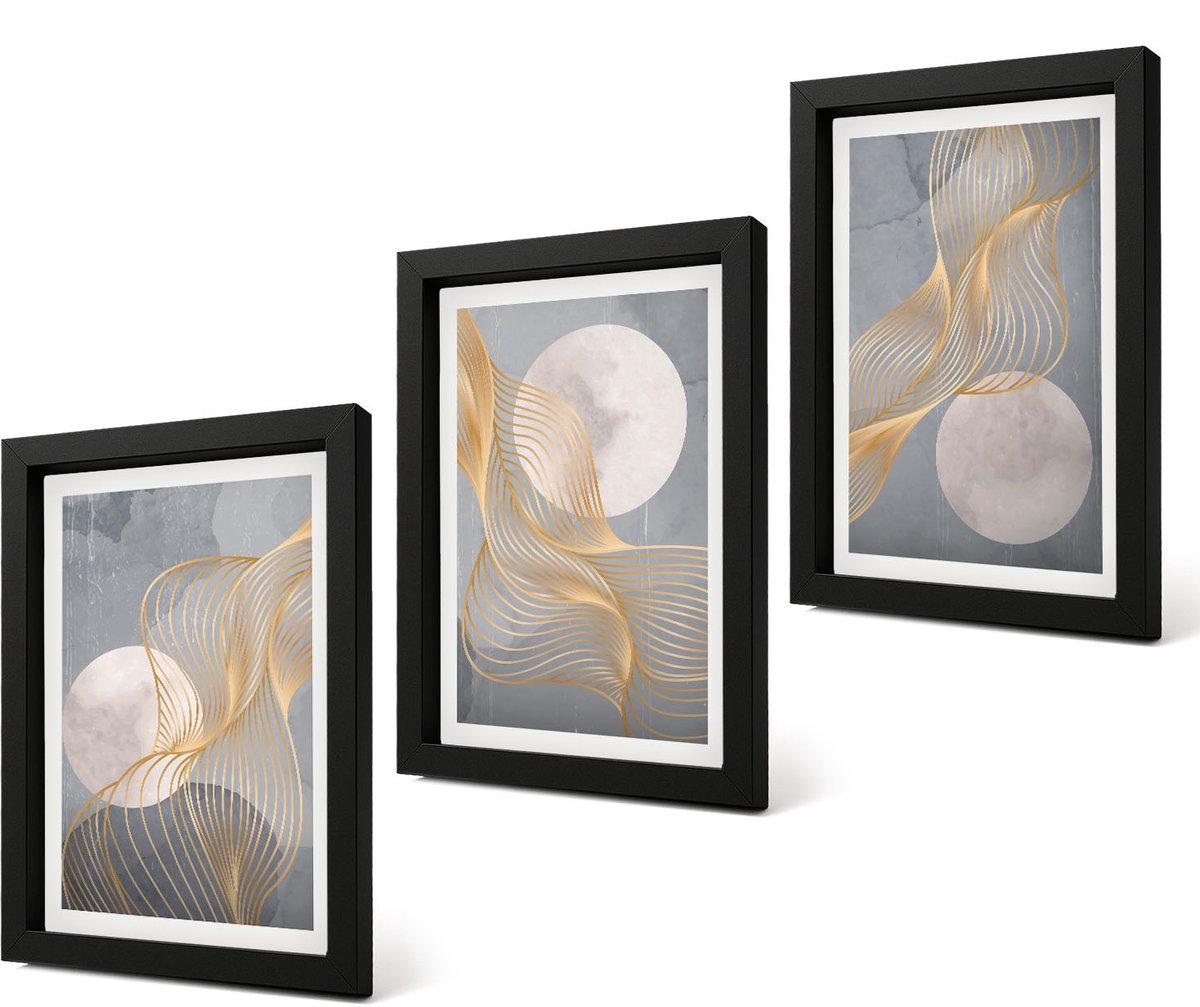 Coloray 4-Delige Schilderij Set - Abstracte patronen met golven en cirkels op een grijze achtergrond. - 20 x 30 cm - Decoratieve Schilderijen - Wanddecoratie - Hal - Muurdecoratie