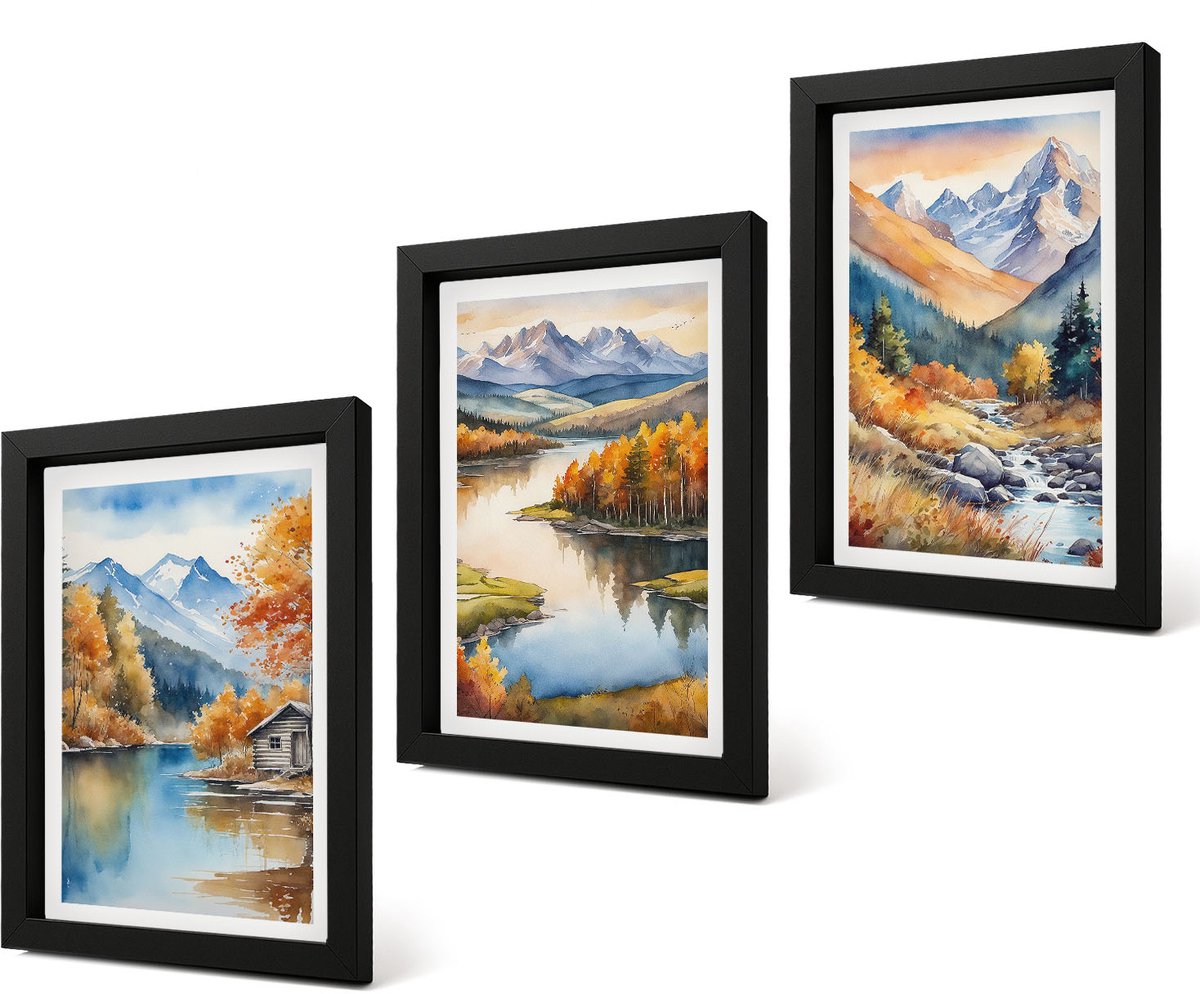 Coloray 4-Delige Schilderij Set - Uitzicht op de bergen met een rivier en herfstbomen. - 20 x 30 cm - Stijlvolle Muurdecoratie - Slaapkamer