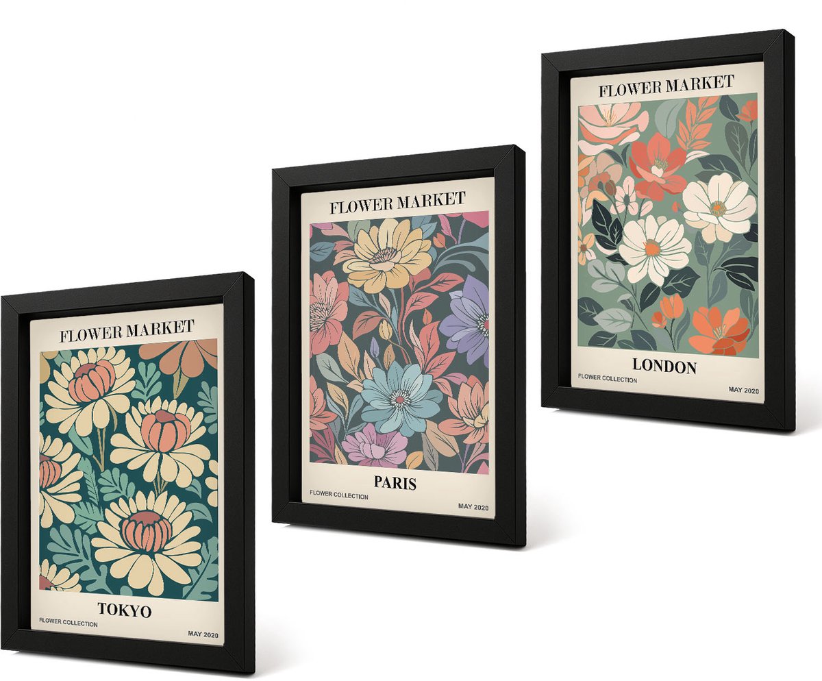 Coloray 4-Delige Schilderij Set - Bloemenposters Tokio Parijs Londen - 20 x 30 cm - Moderne Wanddecoratie - Slaapkamer - Woonkamer Decoratie