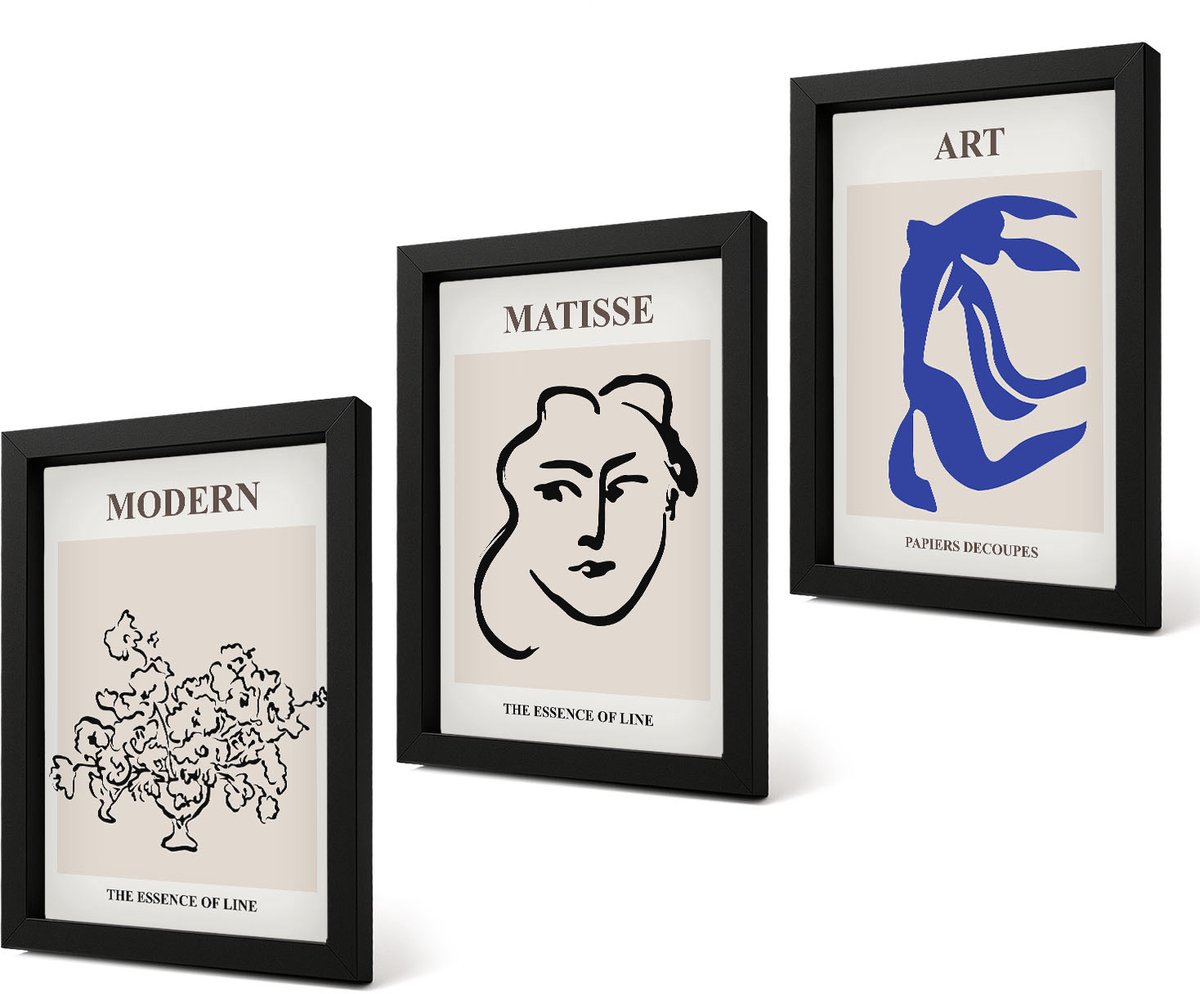 Coloray 4-Delige Schilderij Set - Abstracte posters in de minimalistische stijl van Henri Matisse. - 20 x 30 cm - Wanddecoratie - Muurdecoratie - Woonkamer