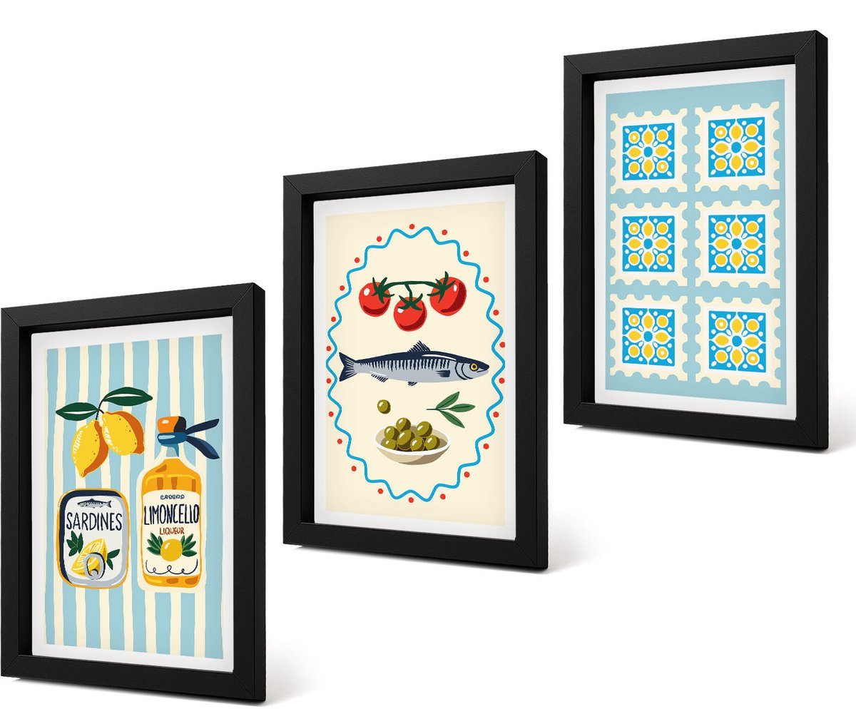 Coloray 4-Delige Schilderij Set - Illustraties van keukens in mediterrane stijl - 20 x 30 cm - Wanddecoratie - Schilderijen Set - Kantoor - Moderne Wanddecoratie