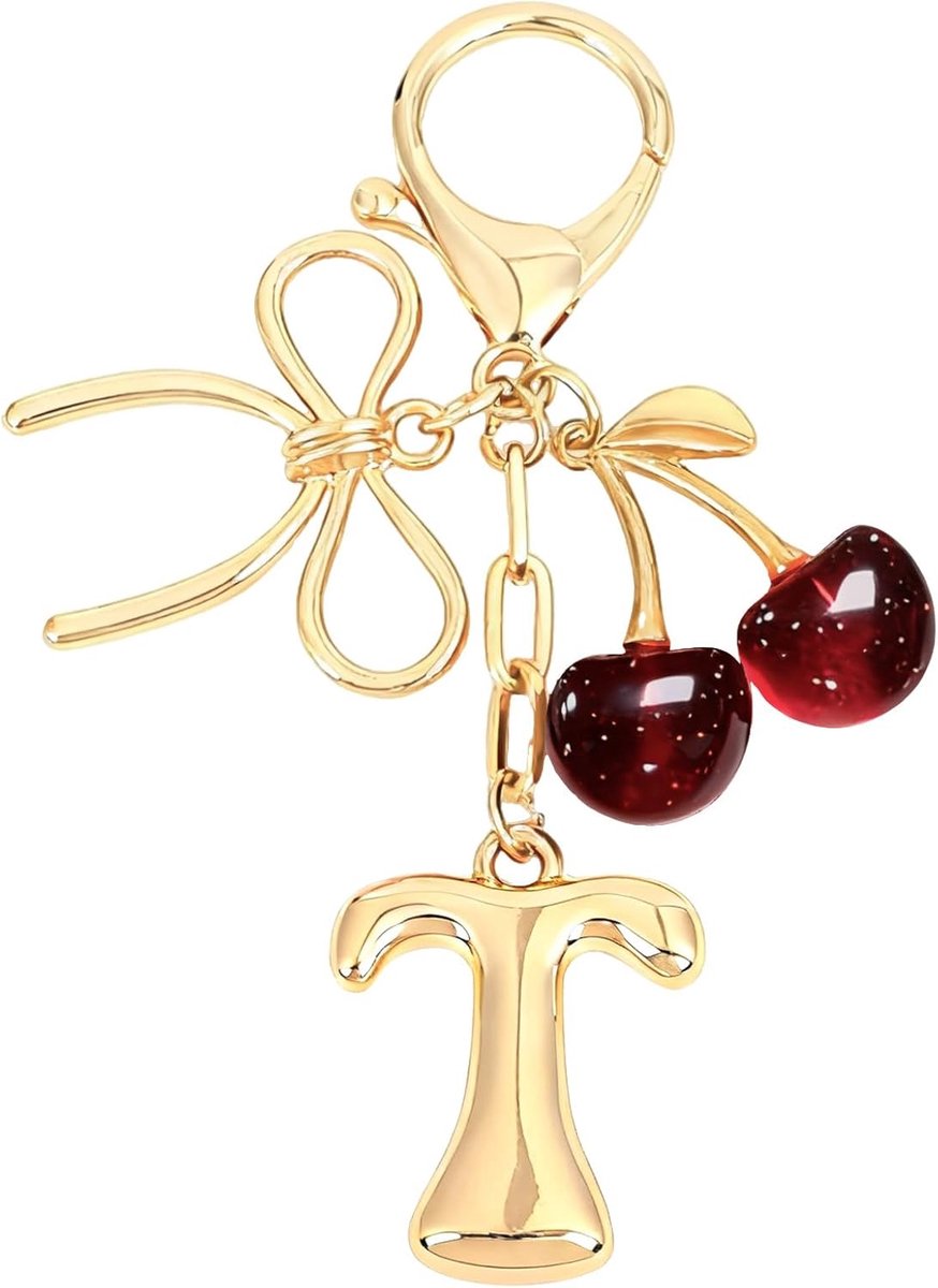 Bubble Initial A Keychain with Bow & Cherries - Gold Letter Bag Charms for Women, Cute Wallet Handbag Accessories - ShopVlot