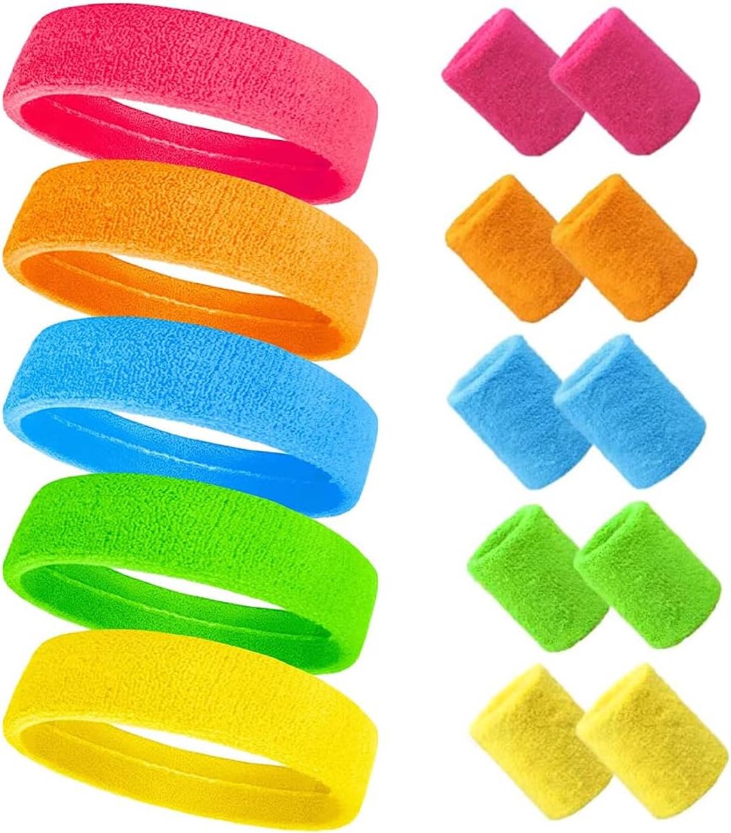 Neon Hoofdbanden Set van 15 - Rekbare Sport Headbands in Jaren 80 en 90 Stijl - Geschikt voor Fitness Tennis en Feesten - Retro Accessoires voor Dames en Heren
