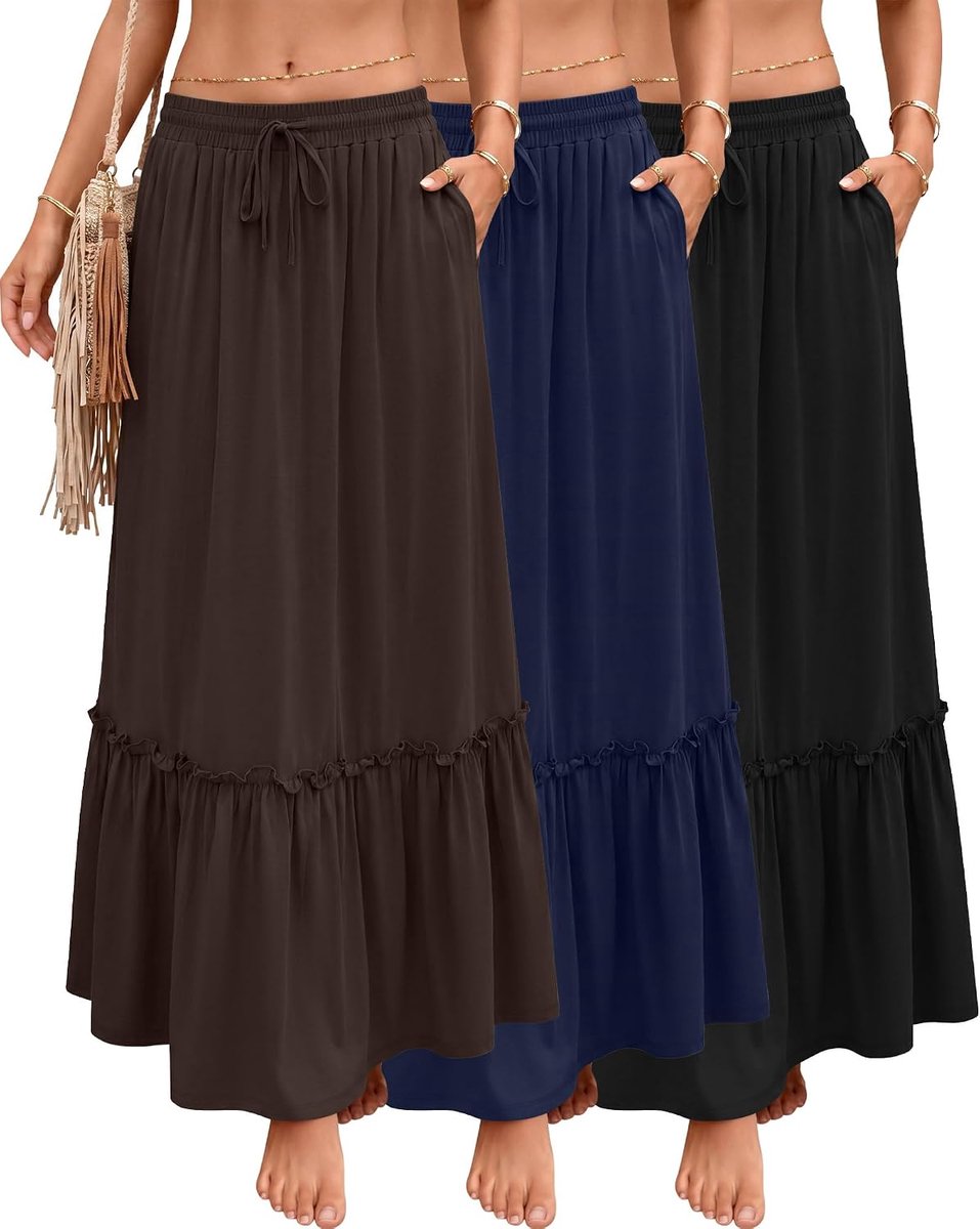Ficerd 3 Pack Boho Maxi Skirts for Women, Flowing Long Skirt Layered Ruffles High Waist Drawstring Casual Dress with - ShopVlot