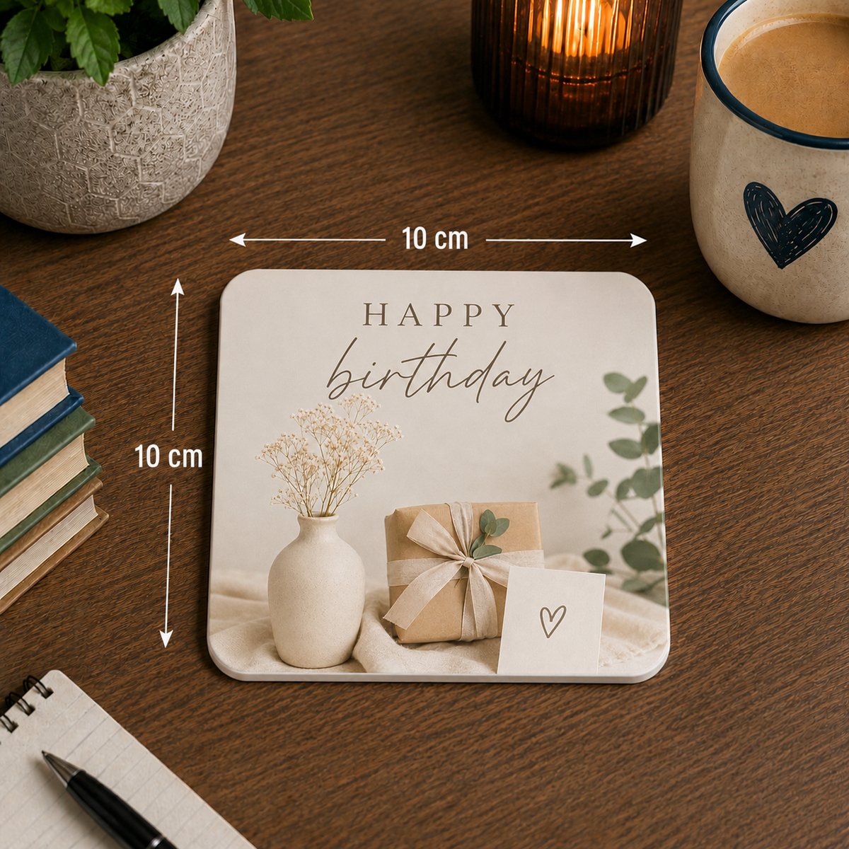 Onderzetter Happy Birthday – 10 x 10 cm – Verjaardag Cadeau – Vierkante Onderzetter – Naturel Design