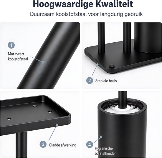 Gedetailleerde weergave van de matzwarte stalen badkamer organizer, inclusief de stabiele basis en de hygiënische borstelhouders.