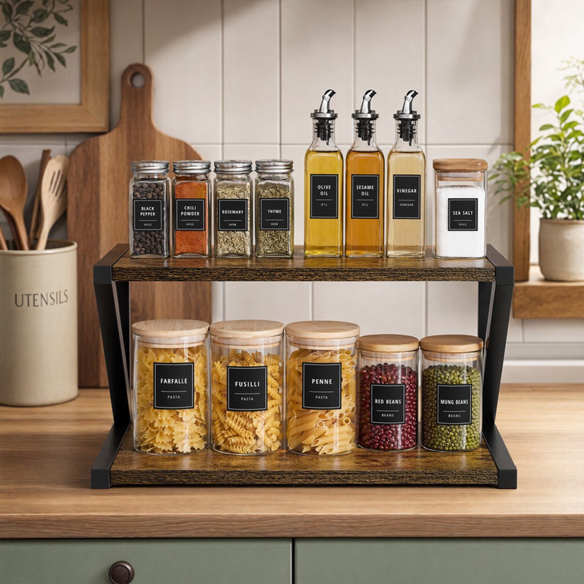 EGGREE Vrijstaand Z-vormig kruidenrek met 2 niveaus - keukenorganizer - aanrechtplank voor keuken - eetkamer en kantoor - Zwart - 44 × 28 × 29 cm