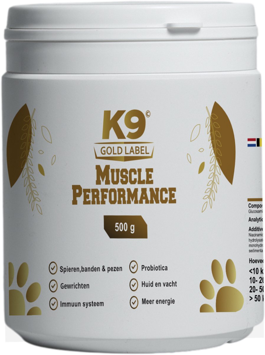 K9 gold label - muscle & performance 500g pot - meest compleet supplement - spieren - gewrichten - vacht/huid - darmflora - immuun.