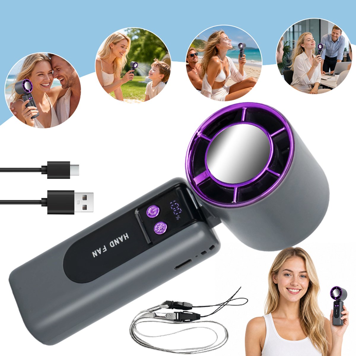 Miniventilator Met Digitaal Display - 199 Windsnelheden Supergeleidende Koeling - 3000mAh Batterij Oplaadbaar via USB-C - Ergonomische Handgreep - Ideaal Voor Op Reis Woon-Werkverkeer En Picknick - Grijs