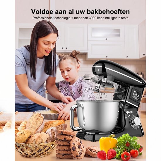 SHANNA Digitale Keukenmachine - 1600W Zuiver Koper - Standmixer - Bakmachine - 6,2L RVS Mengkom - Met LCD Timer, Deeghaak, Garde en Complete Bakaccessoires - Zwart — afbeelding 3