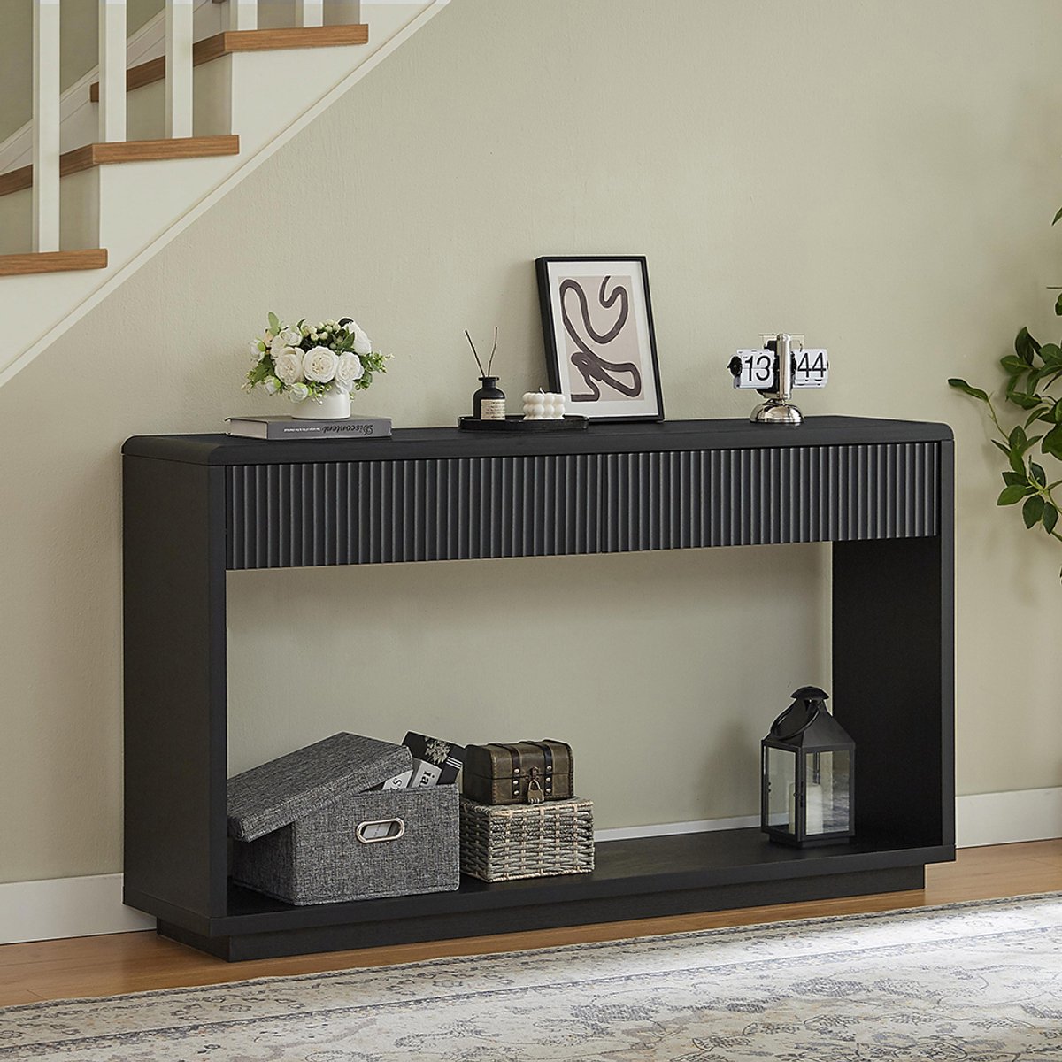 KOMHTOM - Moderne halconsole - Breedte 150 cm - Twee grote opberglades en open opbergvak - Geschikt voor hal en woonkamer - Koolzwart