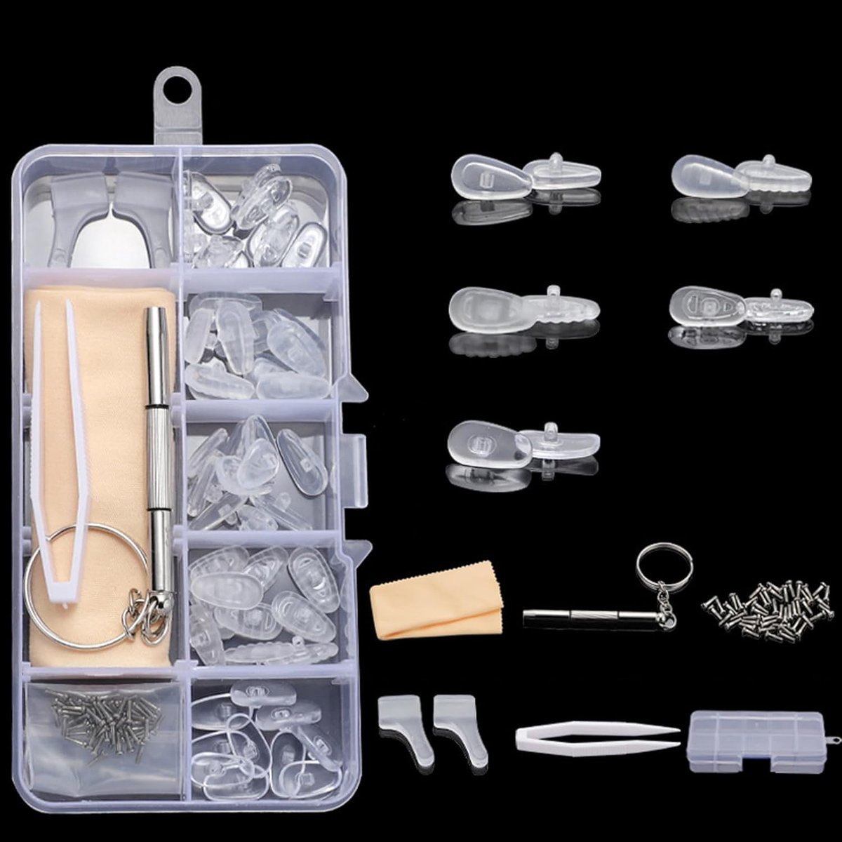 Brillenreparatieset - Siliconen neuskussentjes - Accessoires voor neuspads van brillen - 25 paar schroefbare neuspads - vervangingsset met antislip-neuspads met luchtkamer - 3-in-1-schroevendraaier, pincet, oorhaak, doekje, schroeve